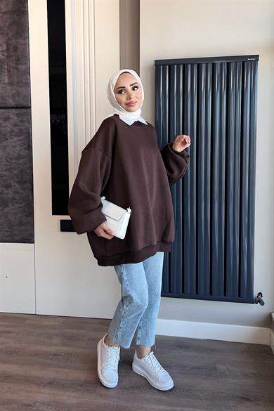 Üç İplik Kumaş Sweat Kahverengi