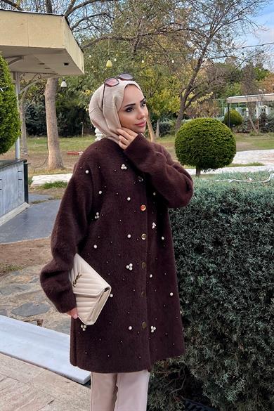 Angora İnci Taşlı Hırka Kahverengi