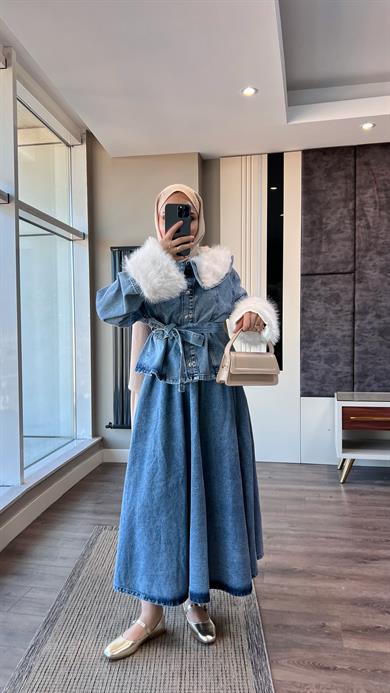 Manşet Kürk Detay Denim Takım