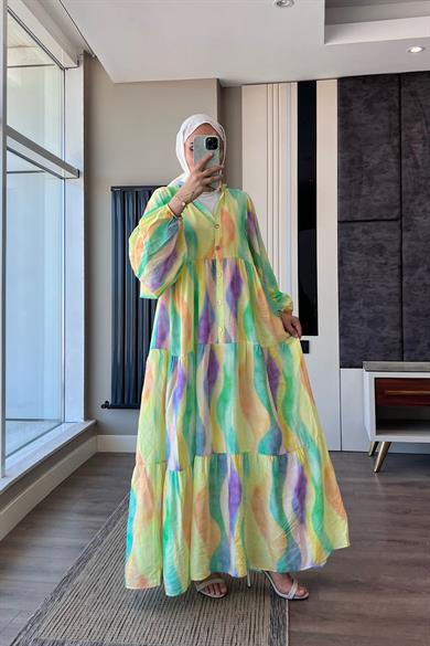 Yarım Patlı Desenli Elbise Sarı-Mor