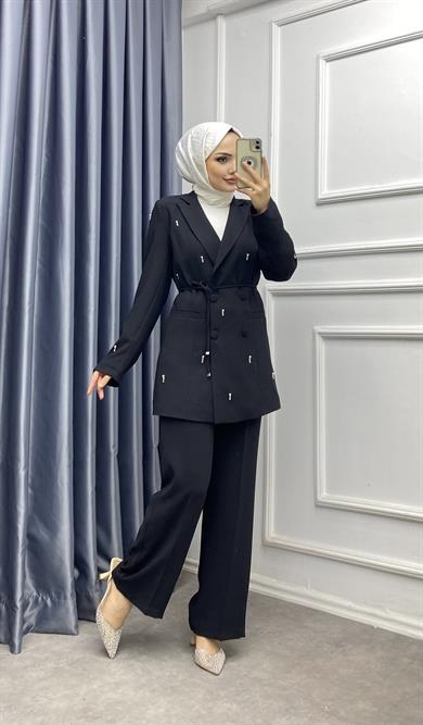 Damla Taş Baskılı Ceketli Takım Siyah