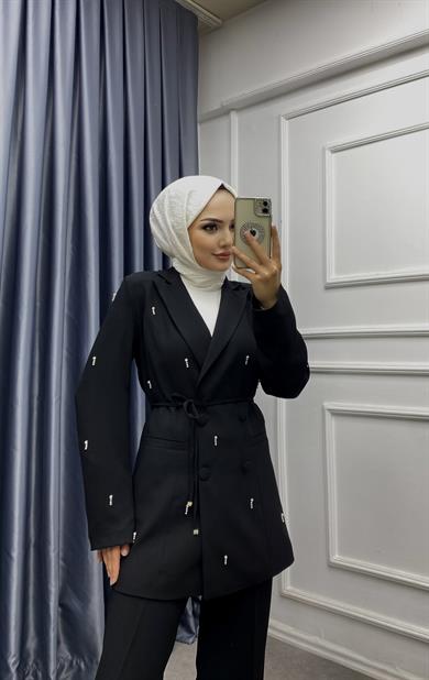 Damla Taş Baskılı Ceketli Takım Siyah