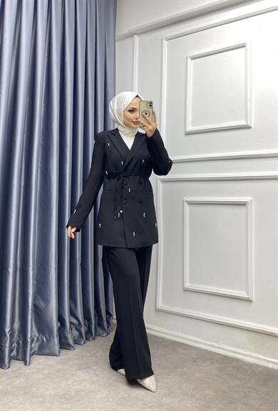 Damla Taş Baskılı Ceketli Takım Siyah