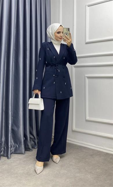 Damla Taş Baskılı Ceketli Takım Lacivert