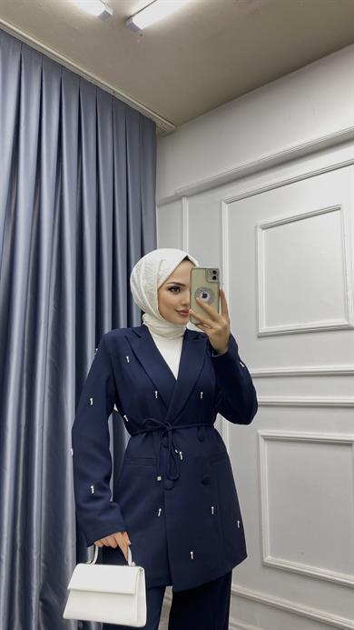 Damla Taş Baskılı Ceketli Takım Lacivert