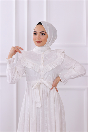 Dantel Detaylı Elbise Beyaz
