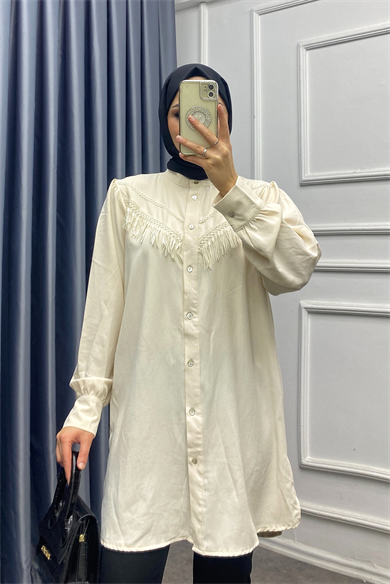 Dantel Şerit Detaylı Tunik Krem