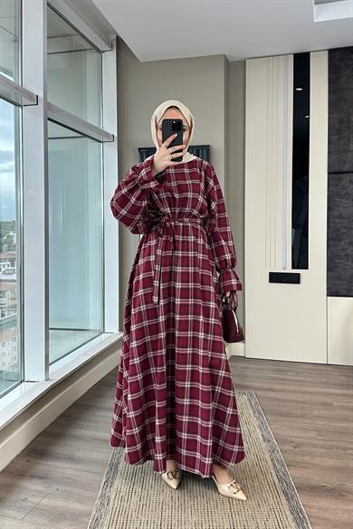 Ekose Desen Elbise Bordo