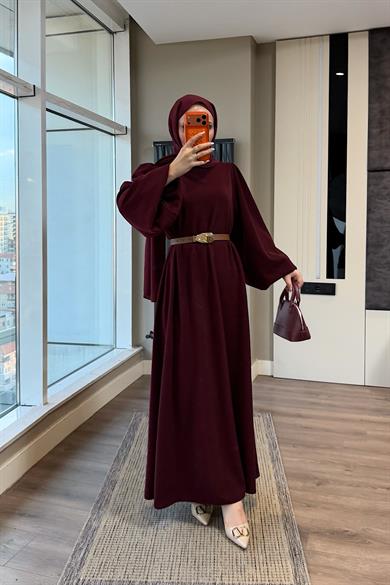 Kemerli Balon Kol Elbise Bordo
