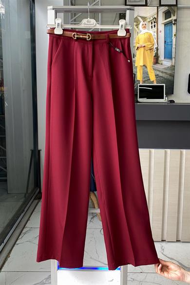 Kemerli Bol Paça Pantolon Bordo