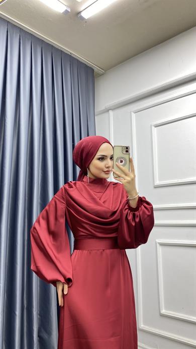 Degaje Yaka Saten Elbise Bordo 