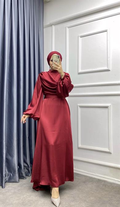 Degaje Yaka Saten Elbise Bordo 