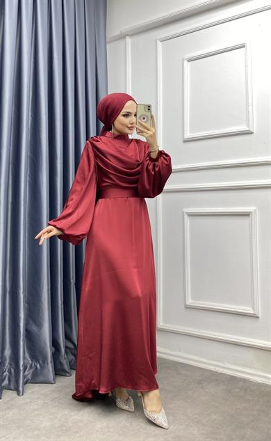 Degaje Yaka Saten Elbise Bordo 