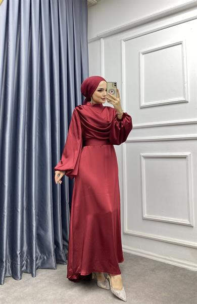 Degaje Yaka Saten Elbise Bordo 