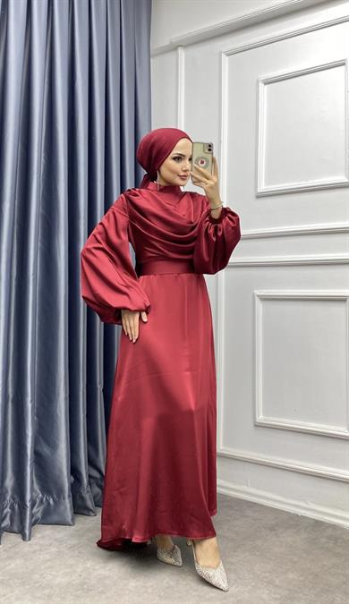 Degaje Yaka Saten Elbise Bordo 