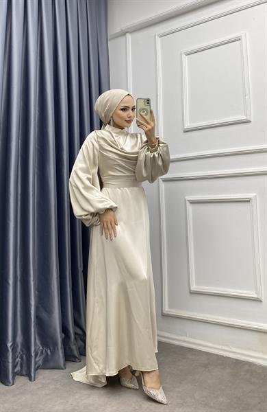 Degaje Yaka Saten Elbise Krem