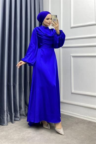 Degaje Yaka Saten Elbise Saks