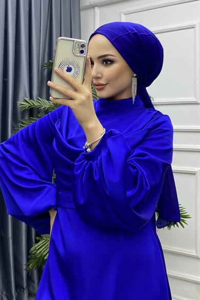 Degaje Yaka Saten Elbise Saks