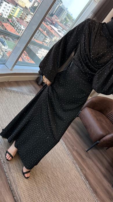 Degaje Yaka Taşlı Saten Elbise Siyah