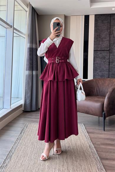 Denim Kuşaklı Yelekli Takım Bordo 
