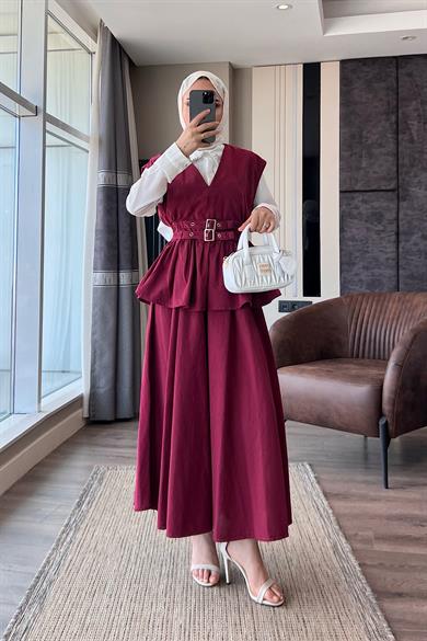 Denim Kuşaklı Yelekli Takım Bordo 