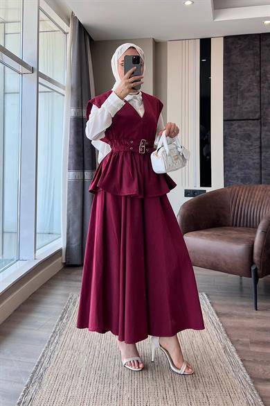 Denim Kuşaklı Yelekli Takım Bordo 