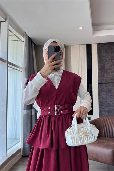 Denim Kuşaklı Yelekli Takım Bordo 