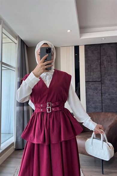 Denim Kuşaklı Yelekli Takım Bordo 
