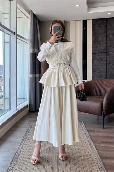 Denim Kuşaklı Yelekli Takım Krem