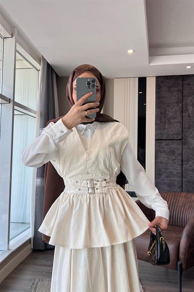 Denim Kuşaklı Yelekli Takım Krem