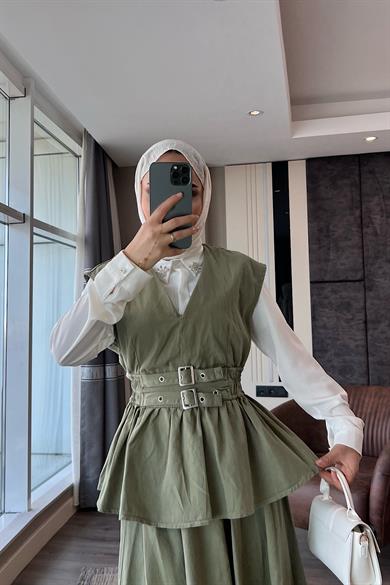 Denim Kuşaklı Yelekli Takım Yeşil