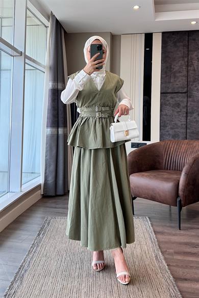Denim Kuşaklı Yelekli Takım Yeşil