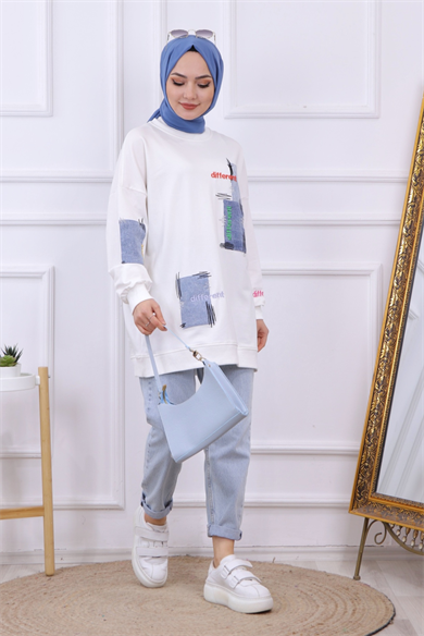 Denim Ve Nakış Detaylı Sweat Beyaz