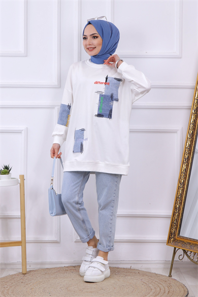 Denim Ve Nakış Detaylı Sweat Beyaz