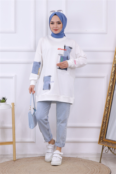 Denim Ve Nakış Detaylı Sweat Beyaz