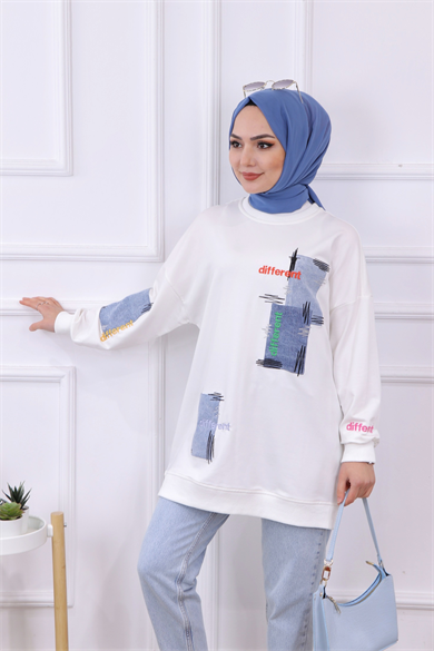 Denim Ve Nakış Detaylı Sweat Beyaz