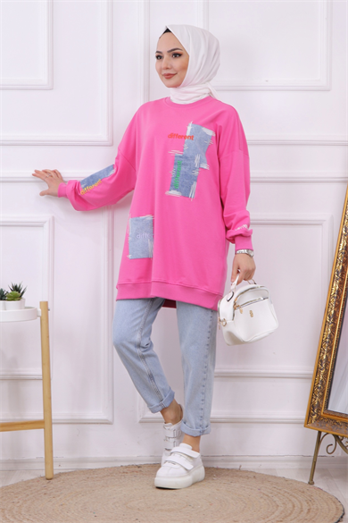 Denim Ve Nakış Detaylı Sweat Pembe