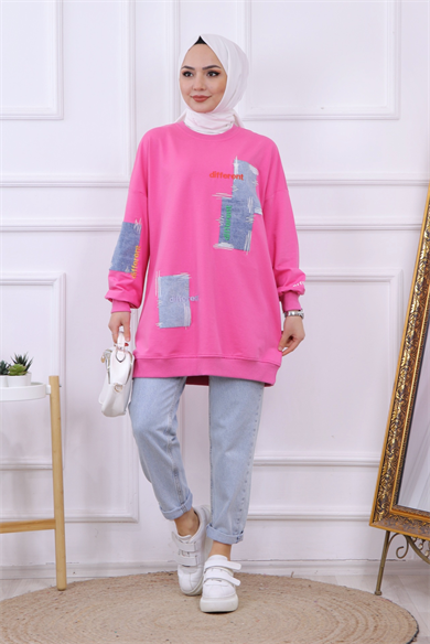 Denim Ve Nakış Detaylı Sweat Pembe