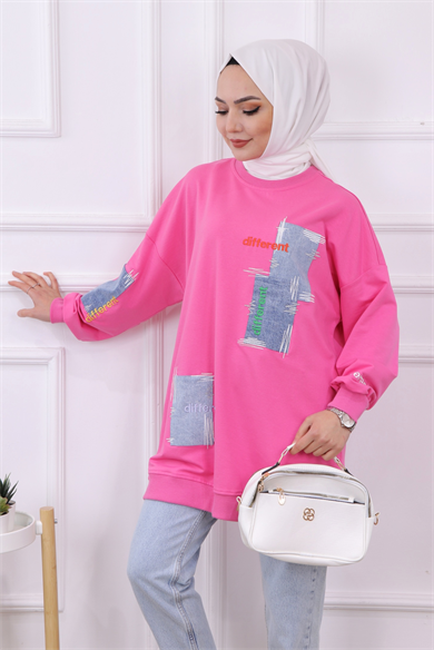 Denim Ve Nakış Detaylı Sweat Pembe