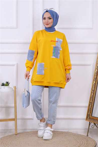 Denim Ve Nakış Detaylı Sweat Sarı