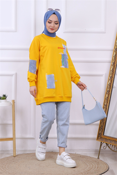 Denim Ve Nakış Detaylı Sweat Sarı
