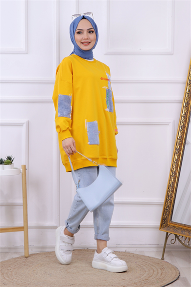 Denim Ve Nakış Detaylı Sweat Sarı