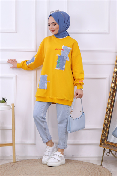 Denim Ve Nakış Detaylı Sweat Sarı