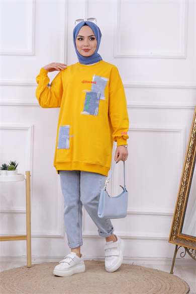 Denim Ve Nakış Detaylı Sweat Sarı