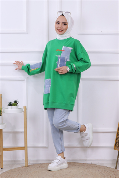 Denim Ve Nakış Detaylı Sweat Yeşil