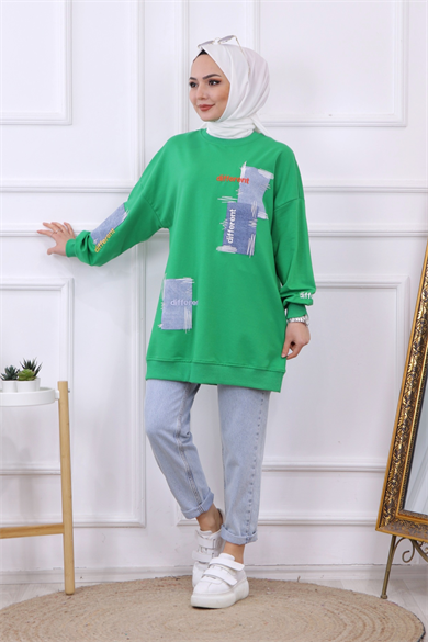Denim Ve Nakış Detaylı Sweat Yeşil