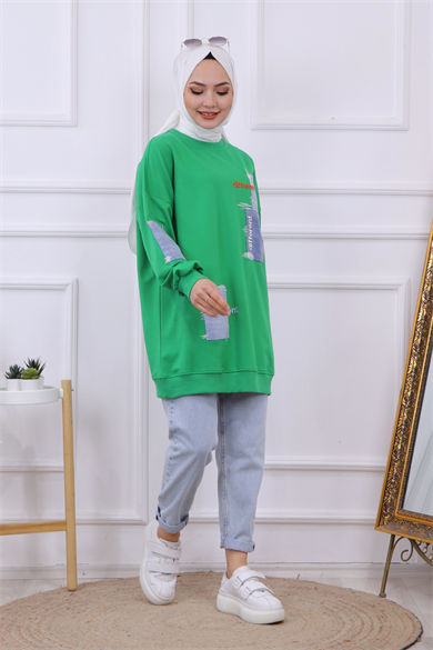 Denim Ve Nakış Detaylı Sweat Yeşil