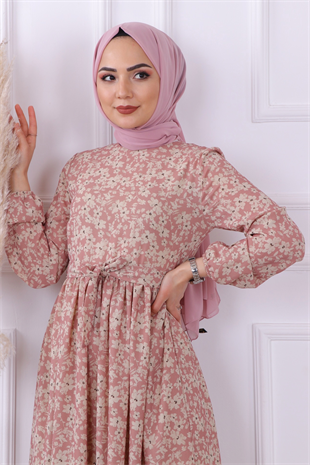 Desenli Çiçekli Elbise Pembe
