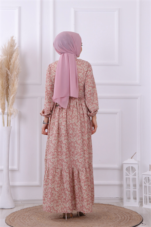 Desenli Çiçekli Elbise Pembe