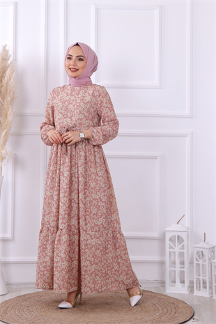 Desenli Çiçekli Elbise Pembe